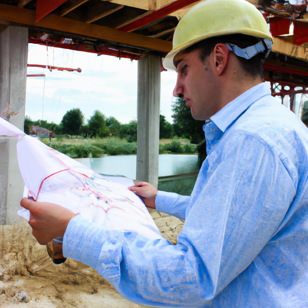 Person holding blueprints, inspecting construction
