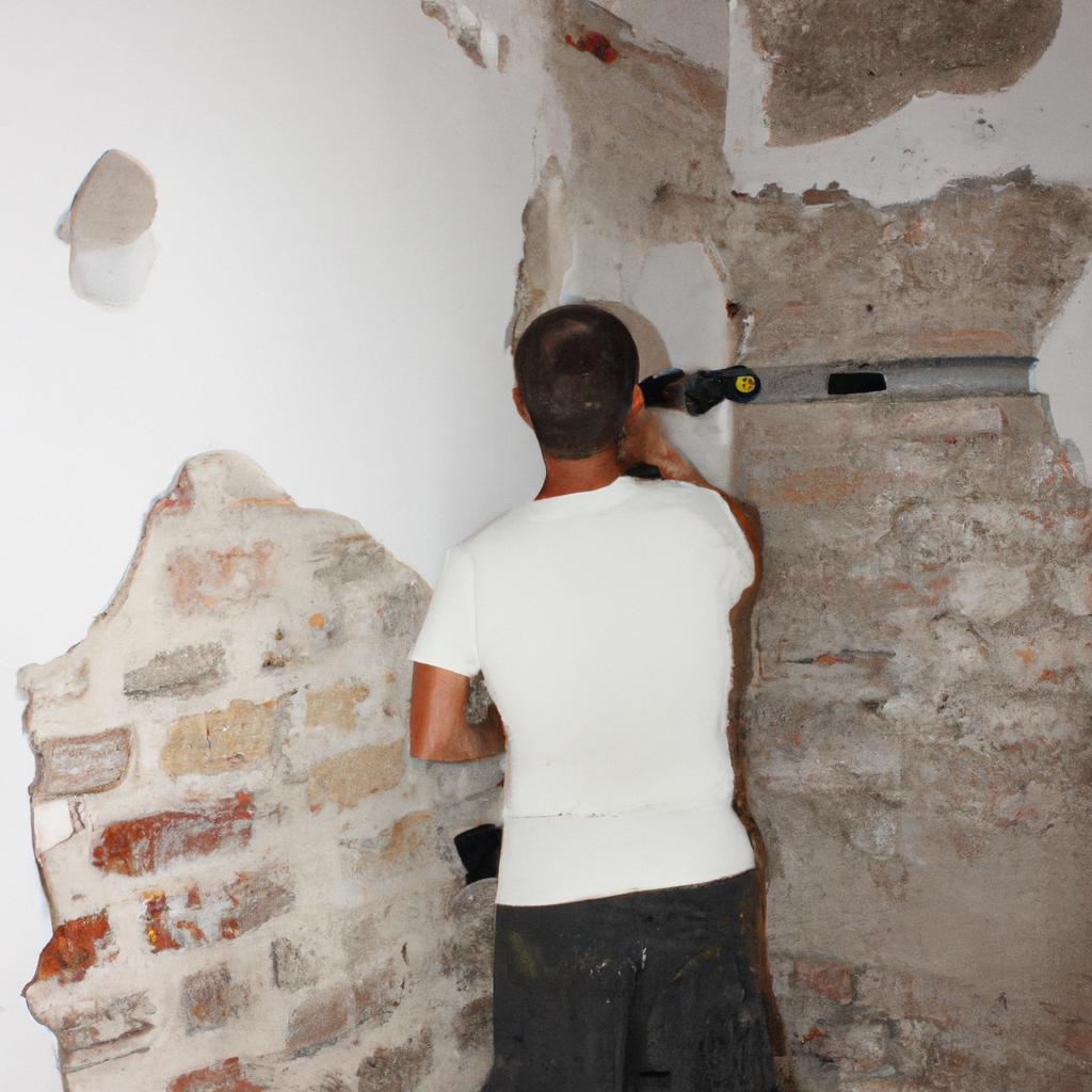 Person inspecting load-bearing wall